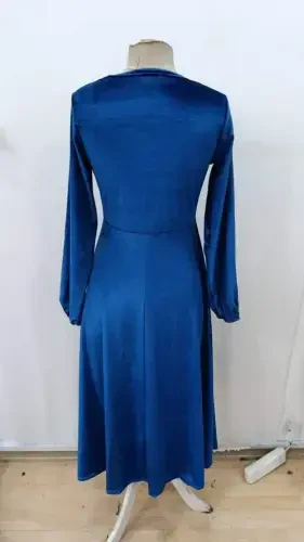 Women's Long Sleeve Turtleneck Midi Velvet Blue Dress - 5
