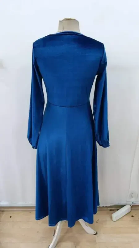 Women's Long Sleeve Turtleneck Midi Velvet Blue Dress - 5