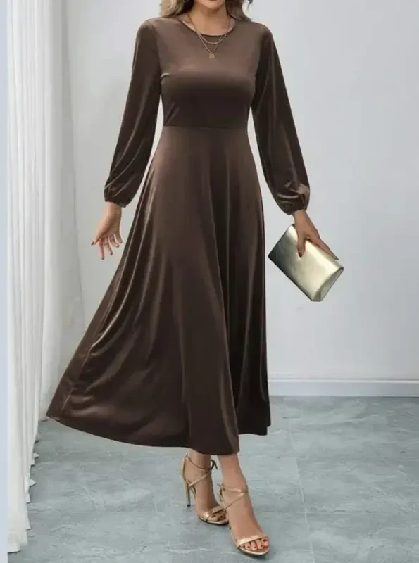 Women's Long Sleeve Turtleneck Midi Velvet Dress - 3