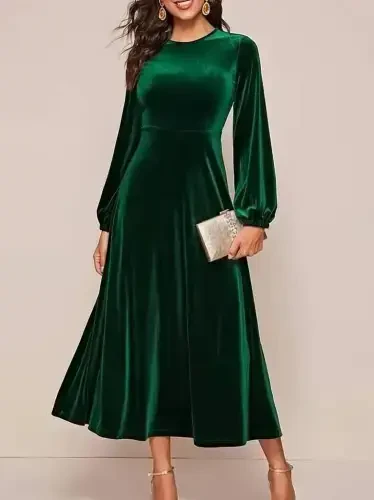 Women's Long Sleeve Turtleneck Midi Velvet Dress - 1