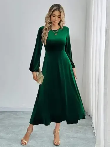 Women's Long Sleeve Turtleneck Midi Velvet Dress - 3
