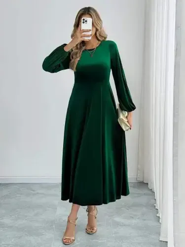 Women's Long Sleeve Turtleneck Midi Velvet Dress - 4