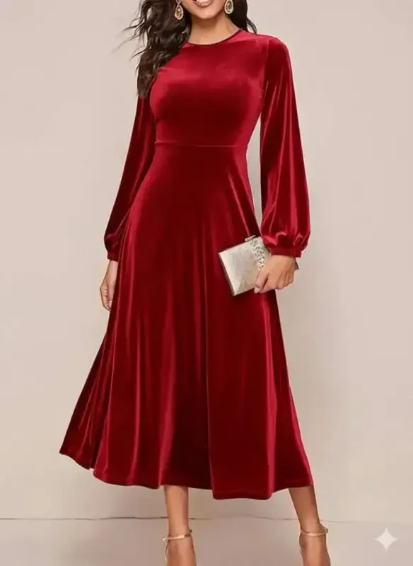 Women's Long Sleeve Turtleneck Midi Velvet Dress - 1