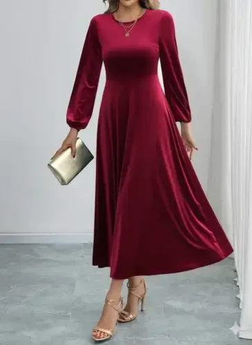 Women's Long Sleeve Turtleneck Midi Velvet Dress - BÜYÜKBEDENIZ (1)