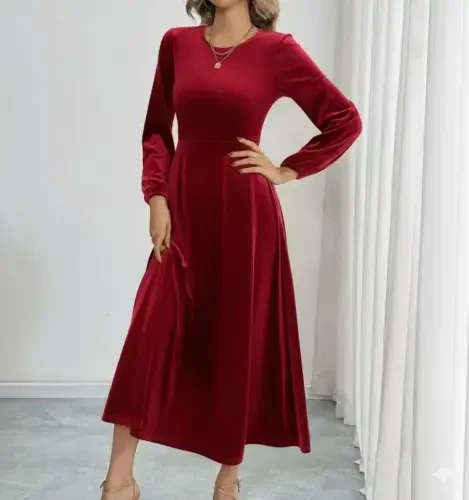 Women's Long Sleeve Turtleneck Midi Velvet Dress - 5