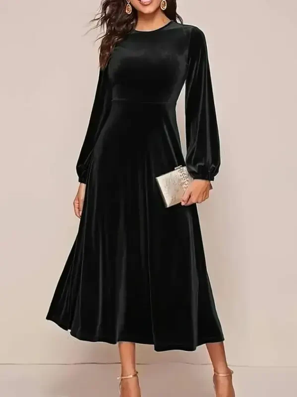 Women's Long Sleeve Turtleneck Midi Velvet Dress - 1