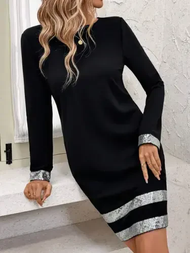 Women's Long Sleeve Turtleneck Mini Imported Crepe Dress - 1