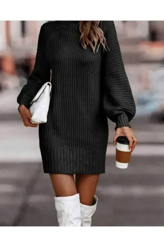 Women's Long Sleeve Turtleneck Mini Knitted Dress - 2