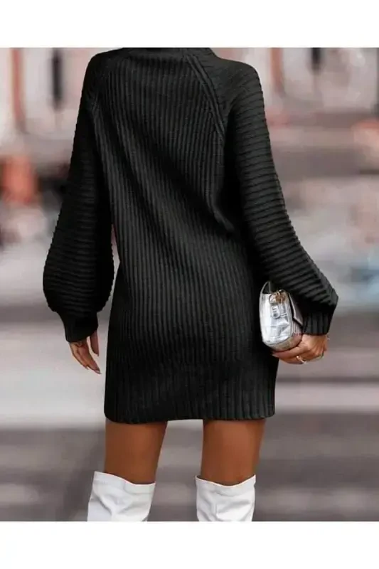Women's Long Sleeve Turtleneck Mini Knitted Dress - 3
