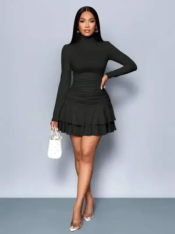 Women's Long Sleeve Turtleneck Mini Ruffle Sandy Dress - BÜYÜKBEDENIZ