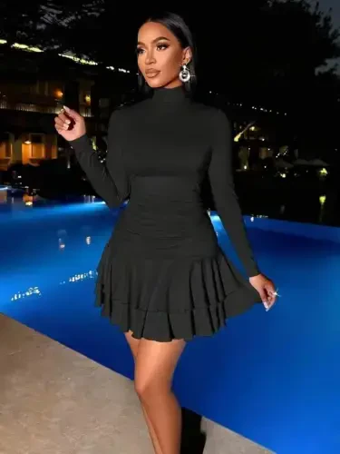 Women's Long Sleeve Turtleneck Mini Ruffle Sandy Dress - 4