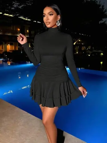 Women's Long Sleeve Turtleneck Mini Ruffle Sandy Dress - 6