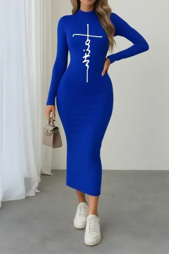 Women's Long Sleeve Turtleneck Print Detailed Viscose Full Length Dress - 3