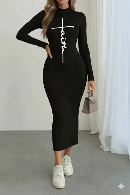 Women's Long Sleeve Turtleneck Print Detailed Viscose Full Length Dress - 1