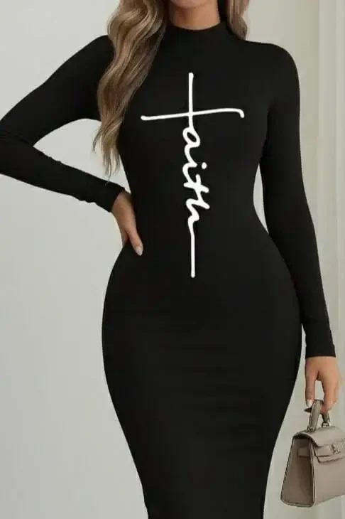 Women's Long Sleeve Turtleneck Print Detailed Viscose Full Length Dress - 2