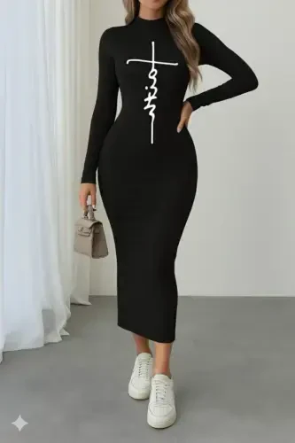 Women's Long Sleeve Turtleneck Print Detailed Viscose Full Length Dress - 3