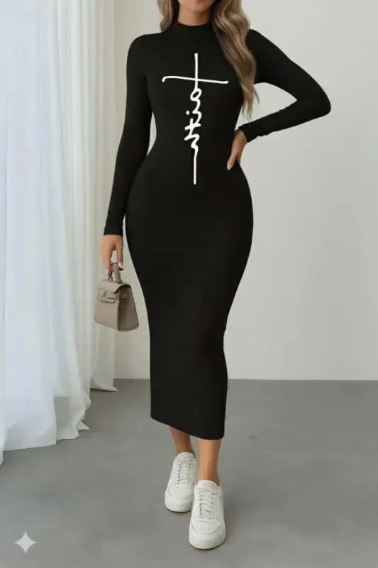 Women's Long Sleeve Turtleneck Print Detailed Viscose Full Length Dress - 3