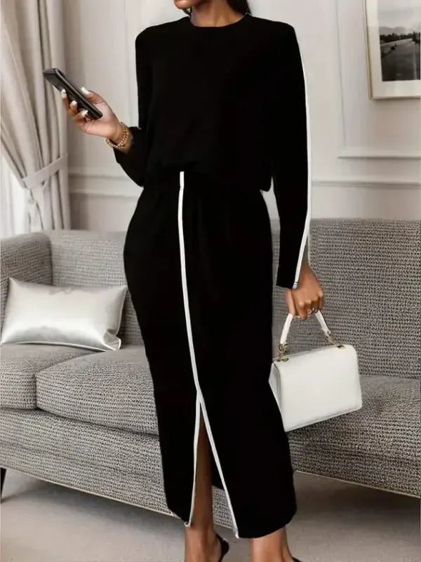 Women's Long Sleeve Turtleneck Ribbed Blouse And Slit Skirt Set - 2