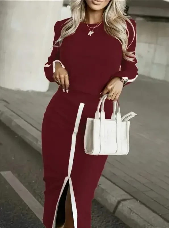 Women's Long Sleeve Turtleneck Ribbed Blouse and Slit Skirt Set - 1