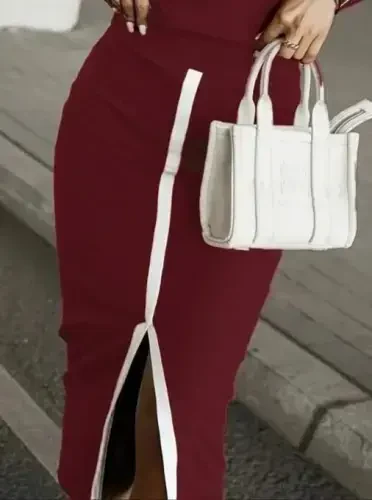 Women's Long Sleeve Turtleneck Ribbed Blouse and Slit Skirt Set - 3