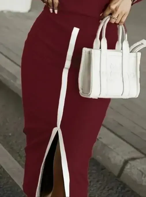 Women's Long Sleeve Turtleneck Ribbed Blouse and Slit Skirt Set - 3