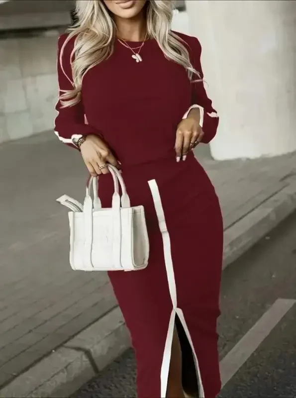 Women's Long Sleeve Turtleneck Ribbed Blouse and Slit Skirt Set - 4