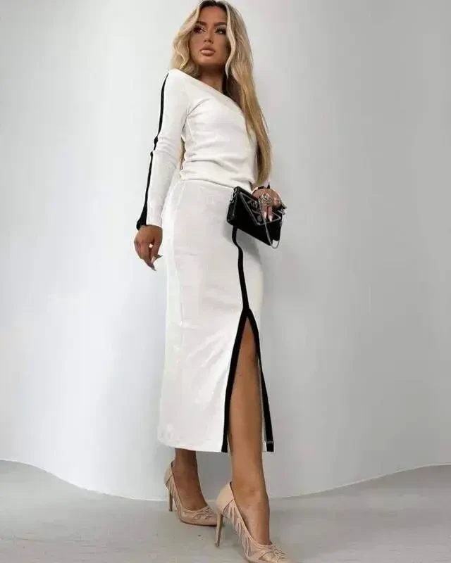 Women's Long Sleeve Turtleneck Ribbed Blouse and Slit Skirt Set - 1