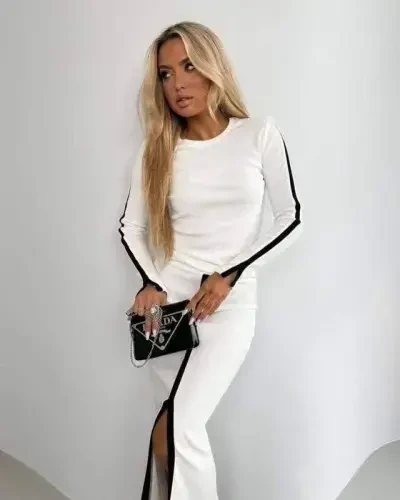 Women's Long Sleeve Turtleneck Ribbed Blouse and Slit Skirt Set - 2