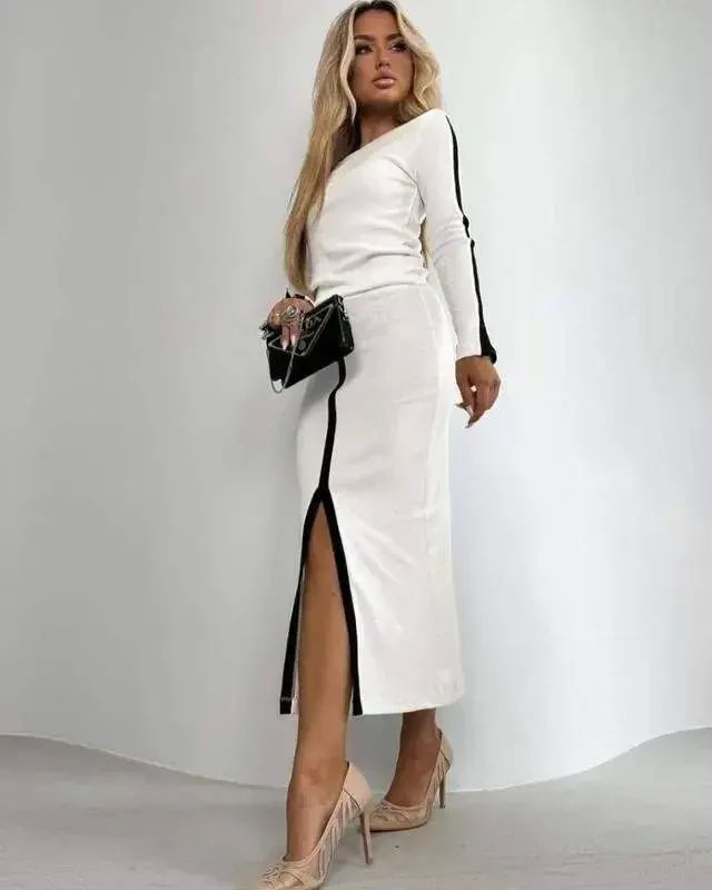 Women's Long Sleeve Turtleneck Ribbed Blouse and Slit Skirt Set - 3