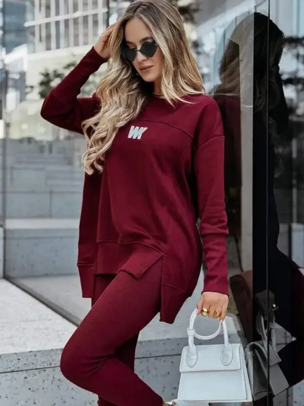 Women's Long Sleeve Turtleneck Ribbed Viscose Two Thread And Leggings Pants Set - 2