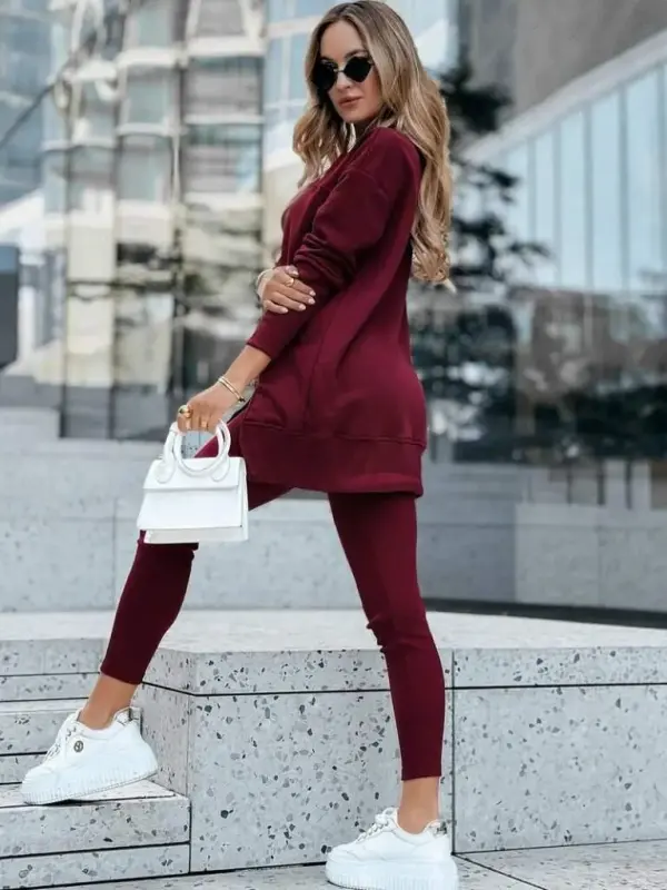 Women's Long Sleeve Turtleneck Ribbed Viscose Two Thread And Leggings Pants Set - 5