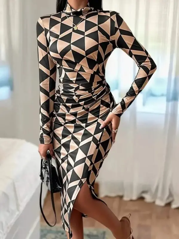 Women's Long Sleeve Turtleneck Ruched Side Slit Modal Midi Dress - 3