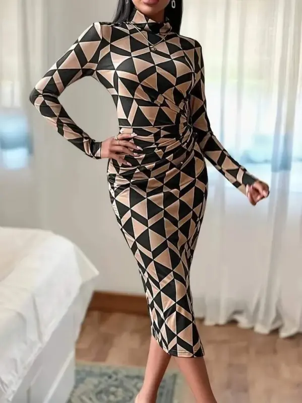 Women's Long Sleeve Turtleneck Ruched Side Slit Modal Midi Dress - 4