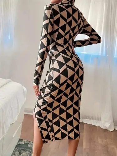 Women's Long Sleeve Turtleneck Ruched Side Slit Modal Midi Dress - 5