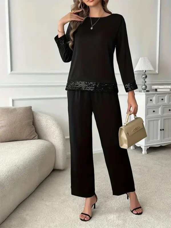 Women's Long Sleeve Turtleneck Sequin Viscose Two Thread Blouse and Pants Set - BÜYÜKBEDENIZ