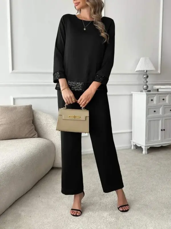 Women's Long Sleeve Turtleneck Sequin Viscose Two Thread Blouse and Pants Set - 3