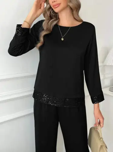 Women's Long Sleeve Turtleneck Sequin Viscose Two Thread Blouse and Pants Set - 4