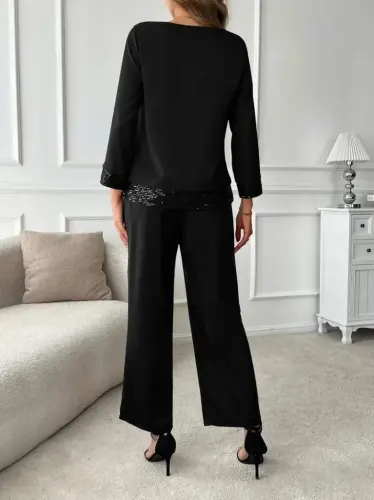 Women's Long Sleeve Turtleneck Sequin Viscose Two Thread Blouse and Pants Set - 5