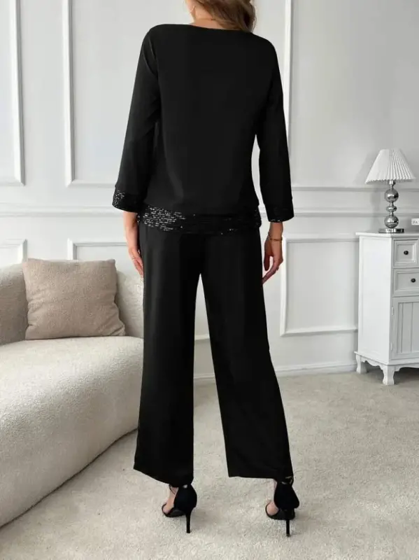Women's Long Sleeve Turtleneck Sequin Viscose Two Thread Blouse and Pants Set - 5