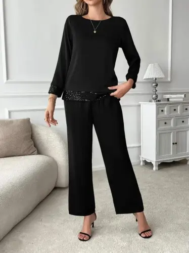 Women's Long Sleeve Turtleneck Sequin Viscose Two Thread Blouse and Pants Set - 2