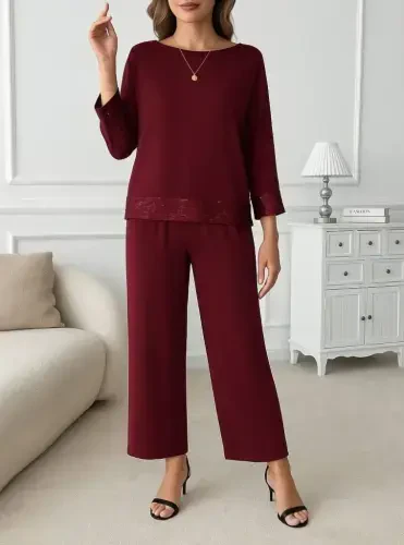 Women's Long Sleeve Turtleneck Sequin Viscose Two Thread Blouse and Pants Set - BÜYÜKBEDENIZ (1)