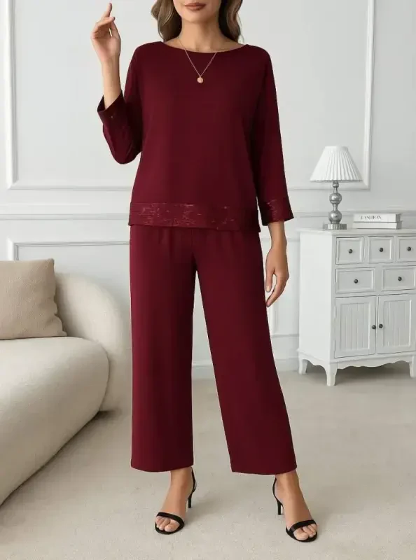 Women's Long Sleeve Turtleneck Sequin Viscose Two Thread Blouse and Pants Set - 2