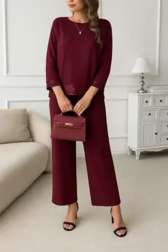 Women's Long Sleeve Turtleneck Sequin Viscose Two Thread Blouse and Pants Set - 3