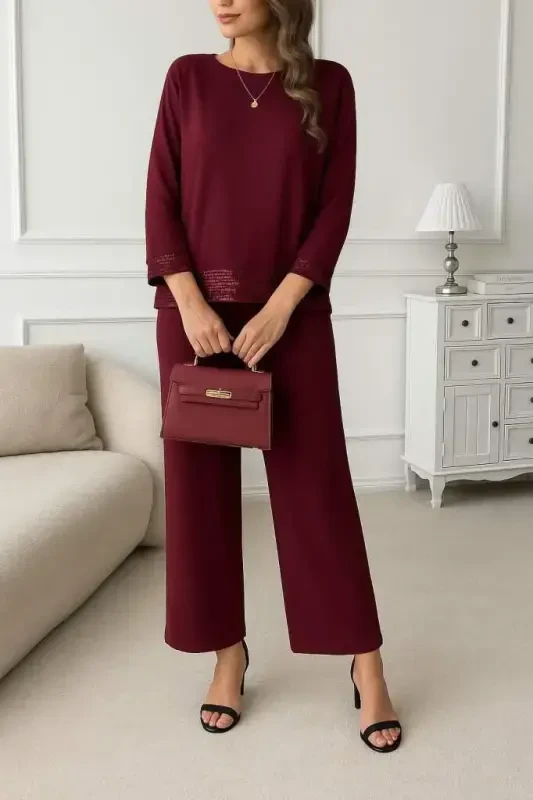 Women's Long Sleeve Turtleneck Sequin Viscose Two Thread Blouse and Pants Set - 3