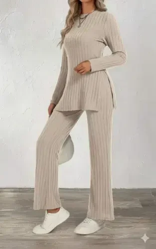 Women's Long Sleeve Turtleneck Side Slit Fleece Ribbed Blouse and Pants Set - 1