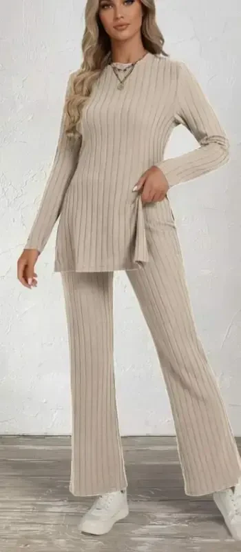 Women's Long Sleeve Turtleneck Side Slit Fleece Ribbed Blouse and Pants Set - 2