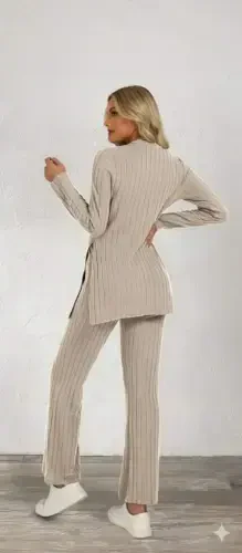 Women's Long Sleeve Turtleneck Side Slit Fleece Ribbed Blouse and Pants Set - 3
