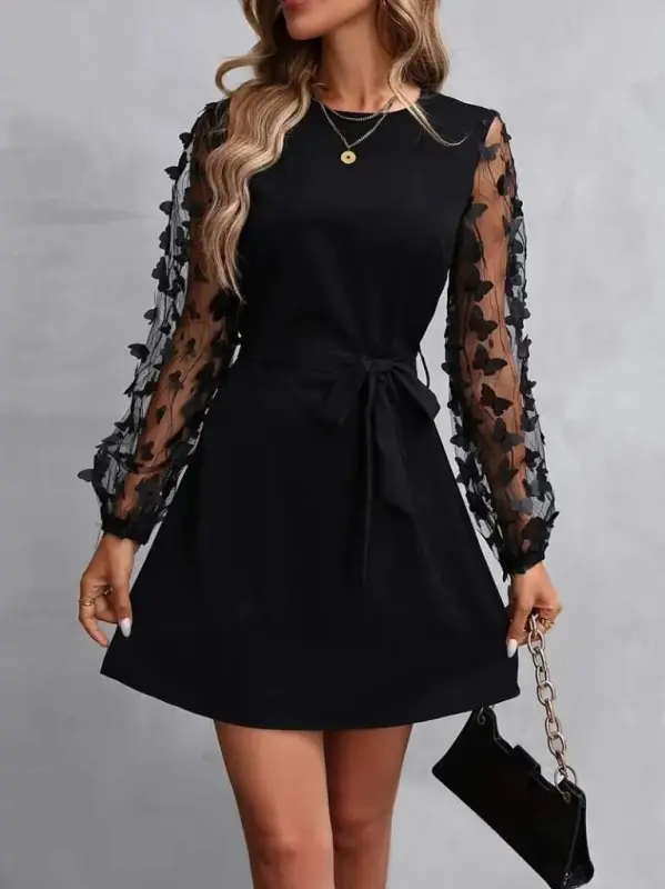 Women's Long Sleeve Turtleneck Sleeves Tulle Butterfly Detailed Imported Crepe Dress - 1