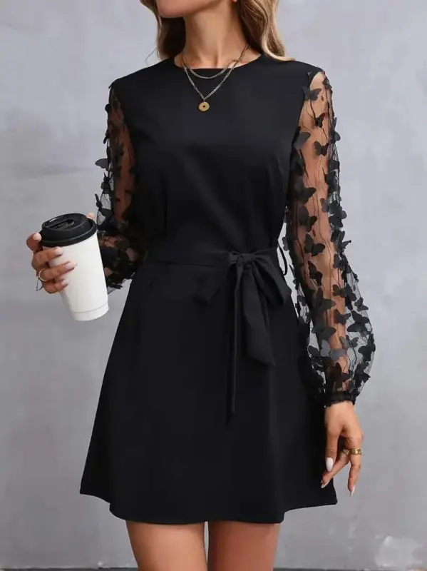 Women's Long Sleeve Turtleneck Sleeves Tulle Butterfly Detailed Imported Crepe Dress - 4