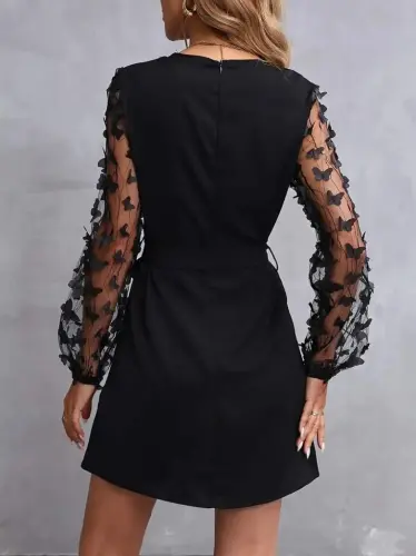 Women's Long Sleeve Turtleneck Sleeves Tulle Butterfly Detailed Imported Crepe Dress - 5